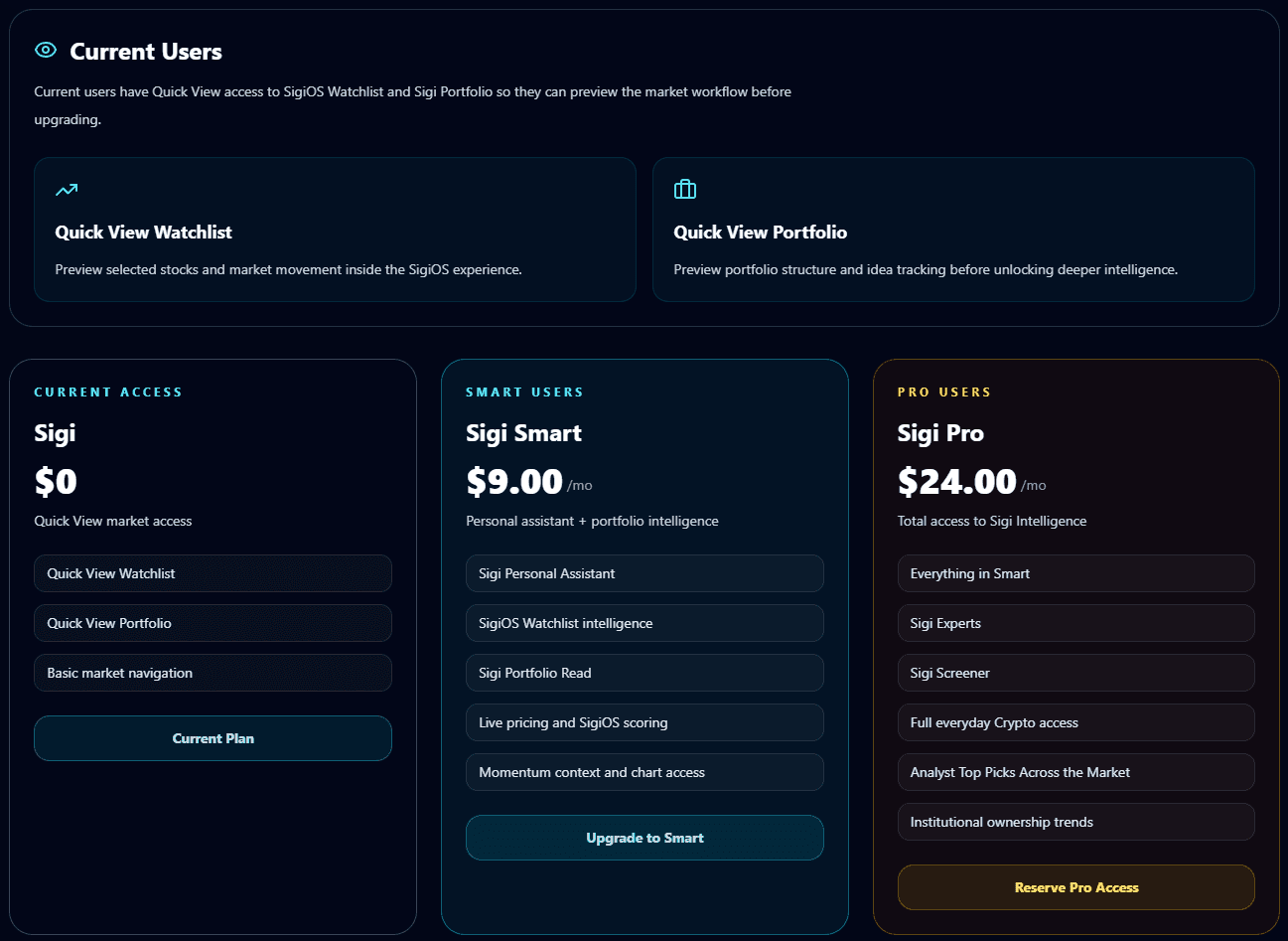 SigiOS pricing and access on mobile